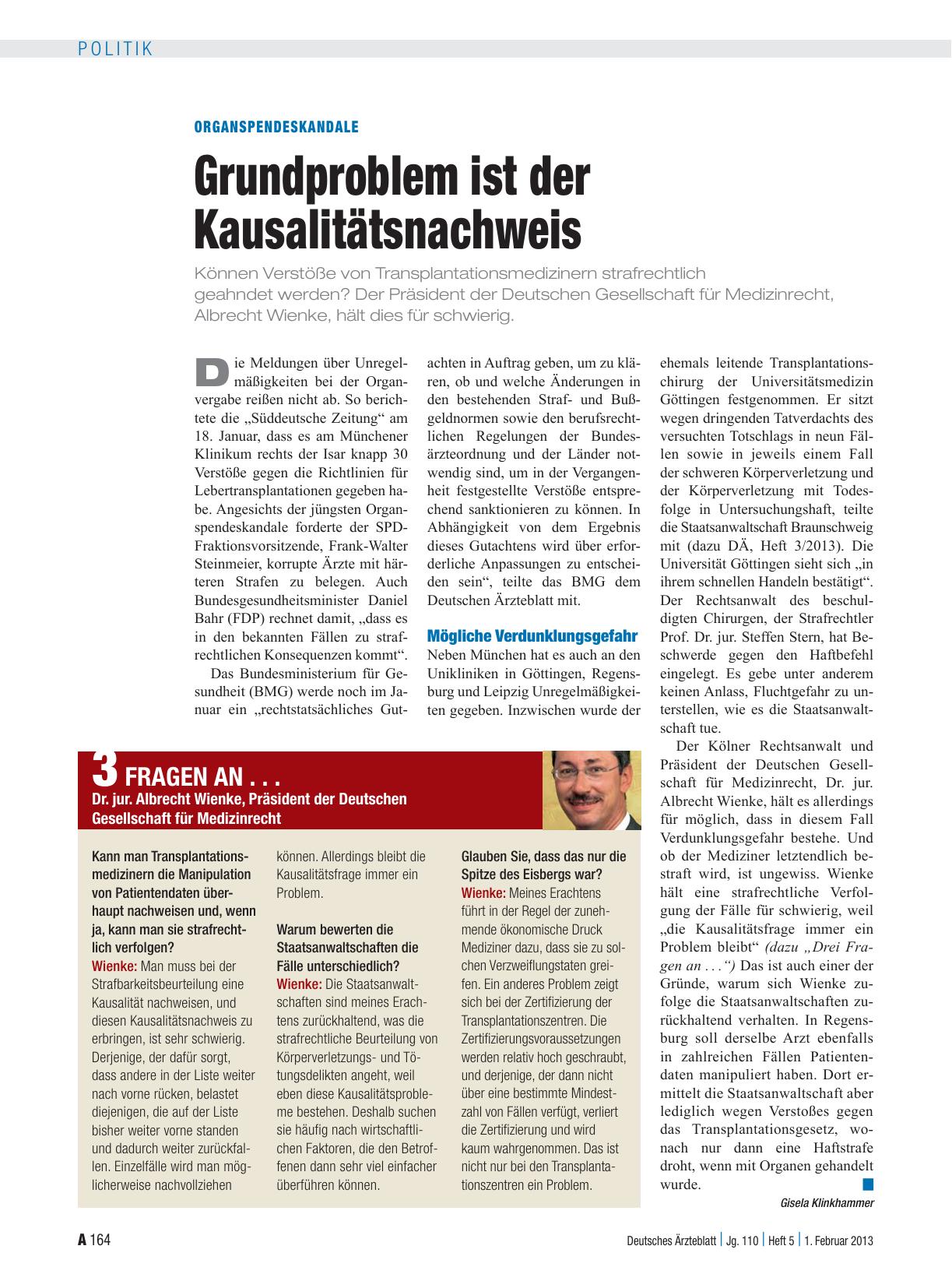 Vorschauseite 1: Organspendeskandale: Grundproblem ist der Kausalitätsnachweis