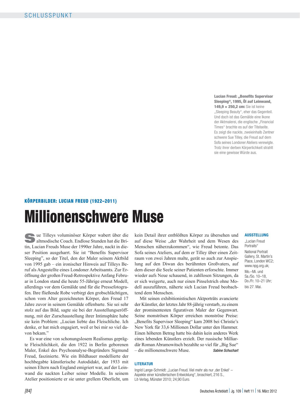 Vorschauseite 1: Körperbilder: Lucian Freud (1922 – 2011) – Millionenschwere Muse