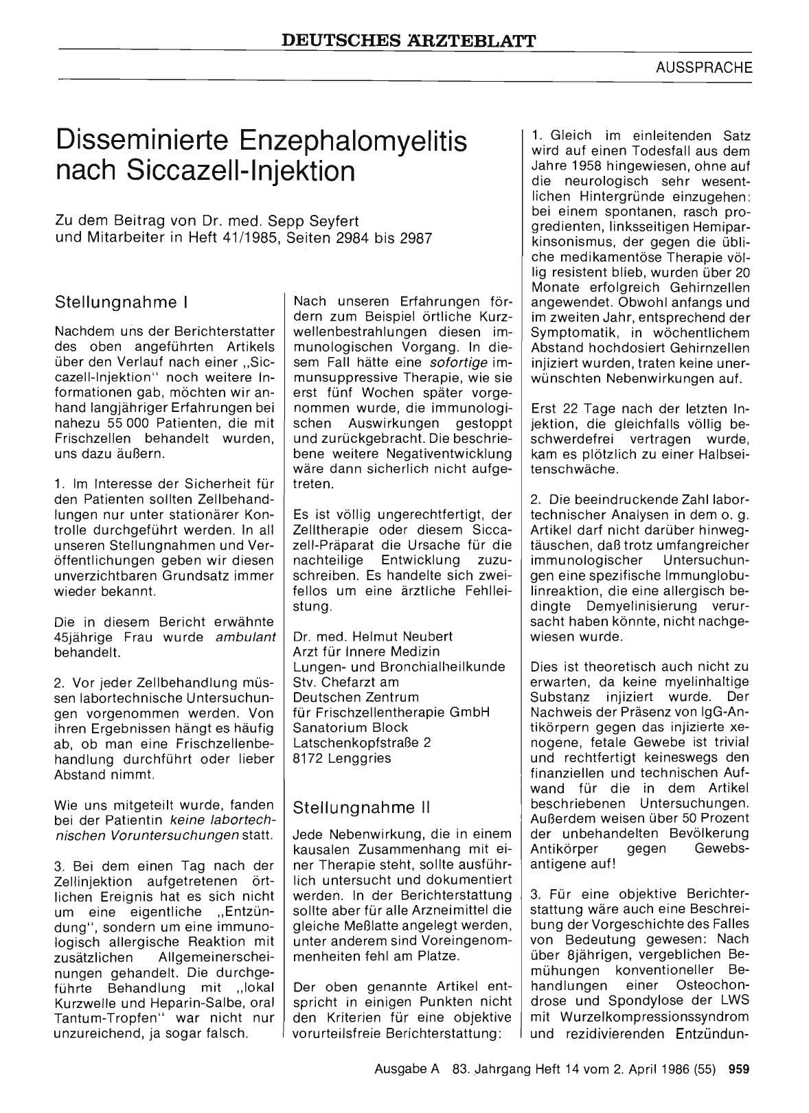 Vorschauseite 1: Disseminierte Enzephalomyelitis nach Siccazell-Injektion: Stellungnahme I
