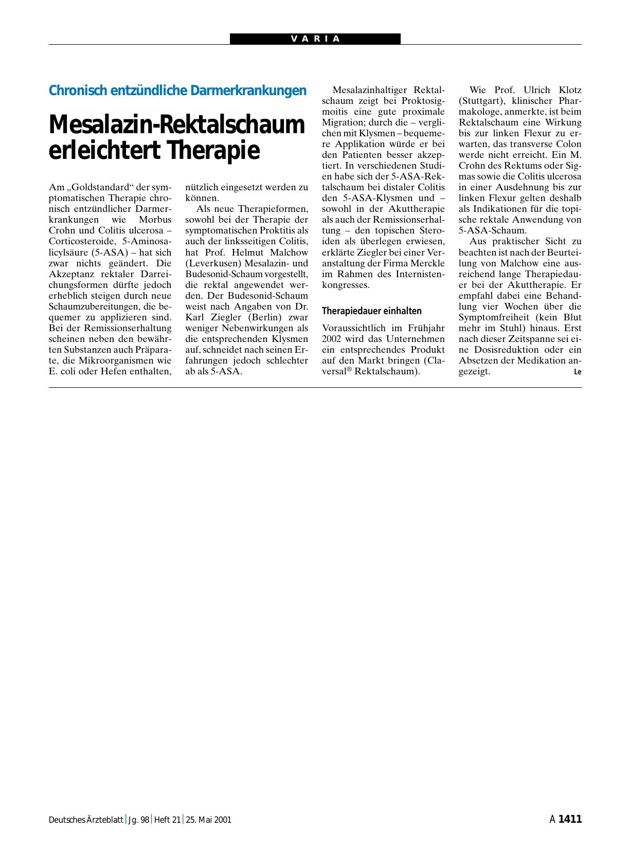 Vorschauseite 1: Chronisch entzündliche Darmerkrankungen Mesalazin-Rektalschaum erleichtert Therapie