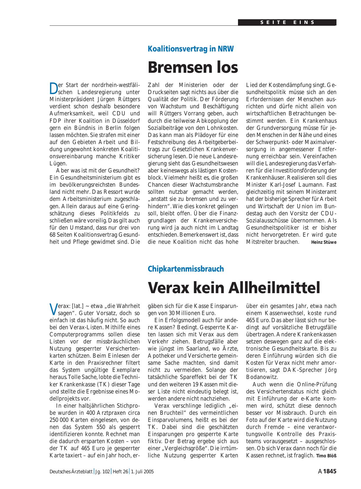 Vorschauseite 1: Koalitionsvertrag in NRW: Bremsen los