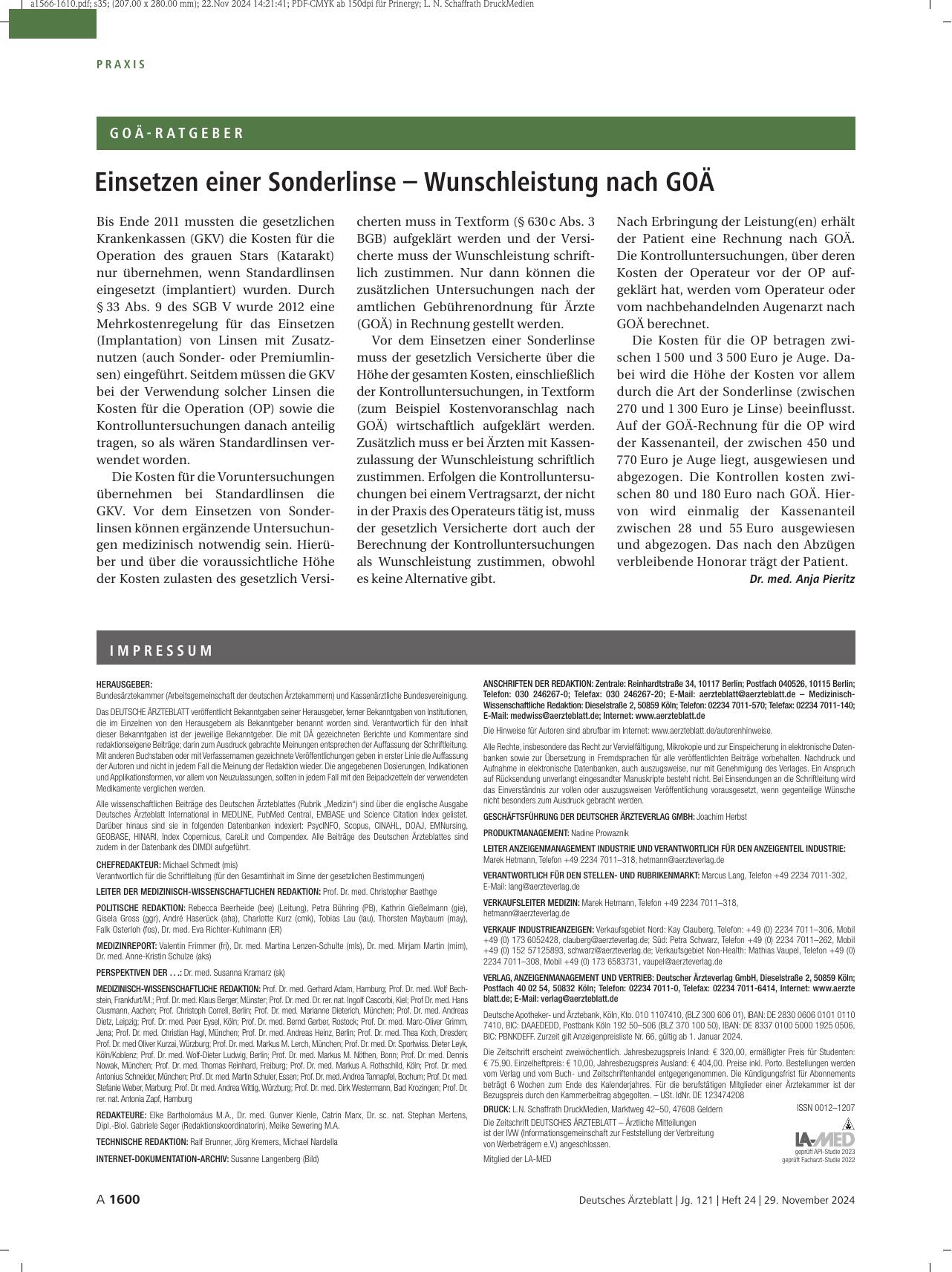 Vorschauseite 1: Einsetzen einer Sonderlinse – Wunschleistung nach GOÄ