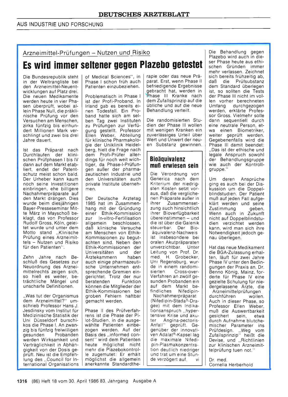 Vorschauseite 1: Arzneimittel-Prüfungen — Nutzen und Risiko: Es wird immer seltener gegen Plazebo getestet