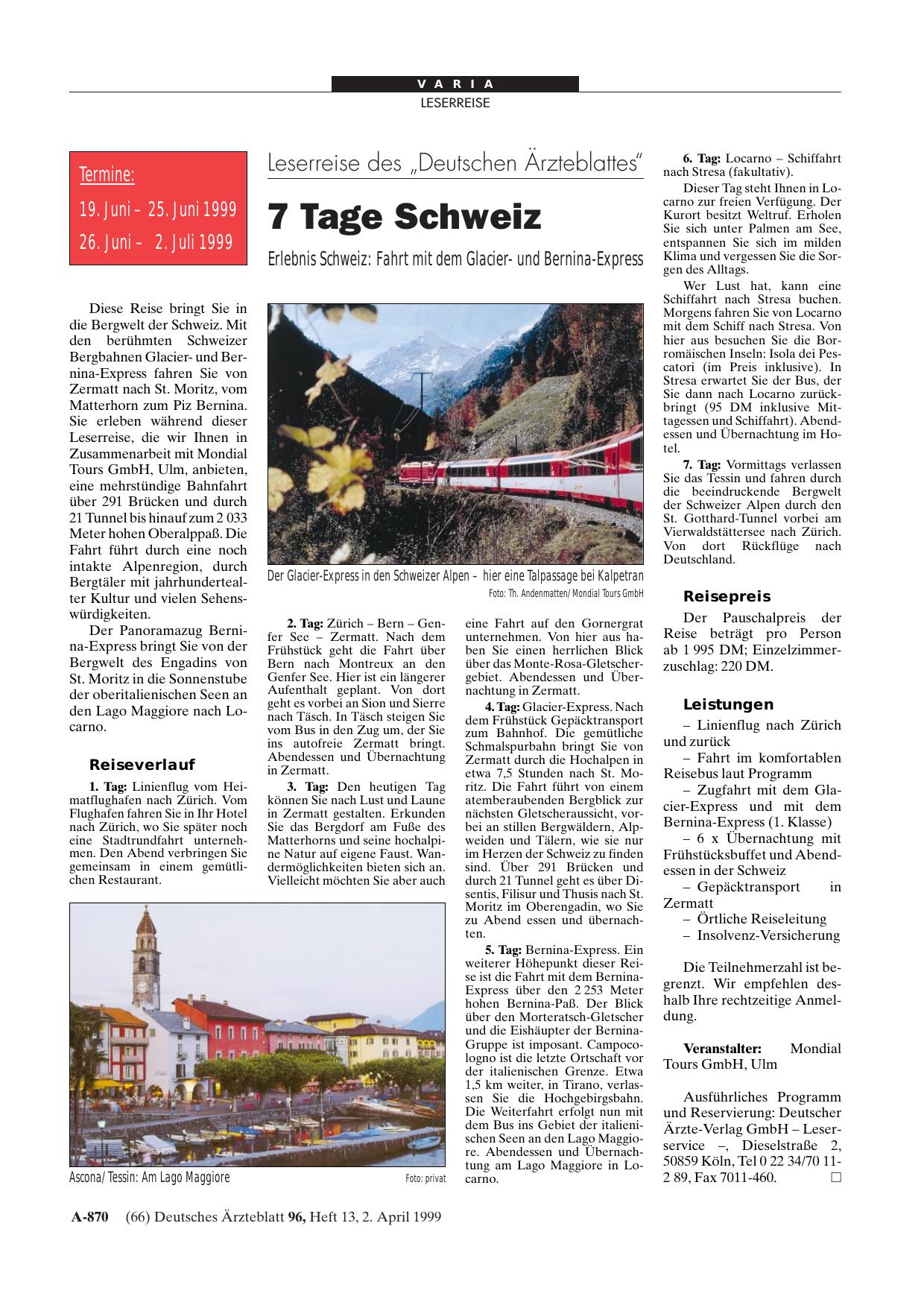 Vorschauseite 1: Leserreise des „Deutschen Ärzteblattes“: 7 Tage Schweiz