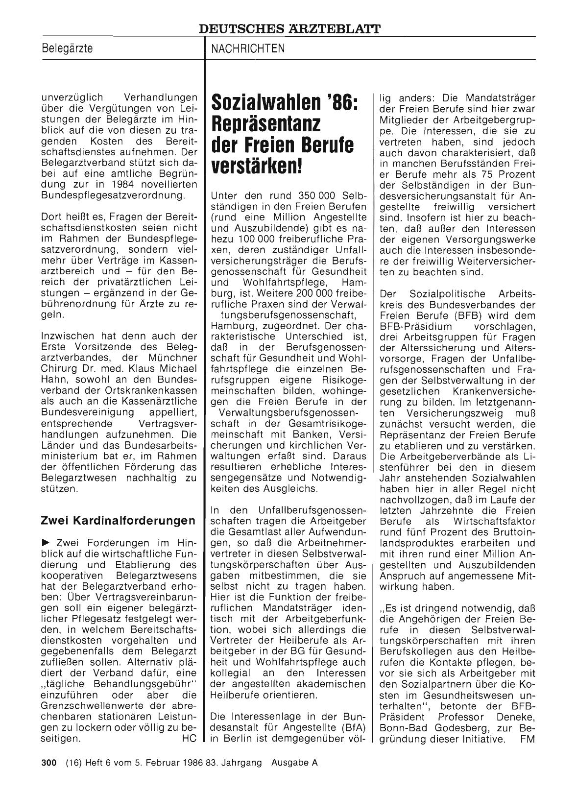 Vorschauseite 1: Sozialwahlen '86: Repräsentanz der Freien Berule verstärken!