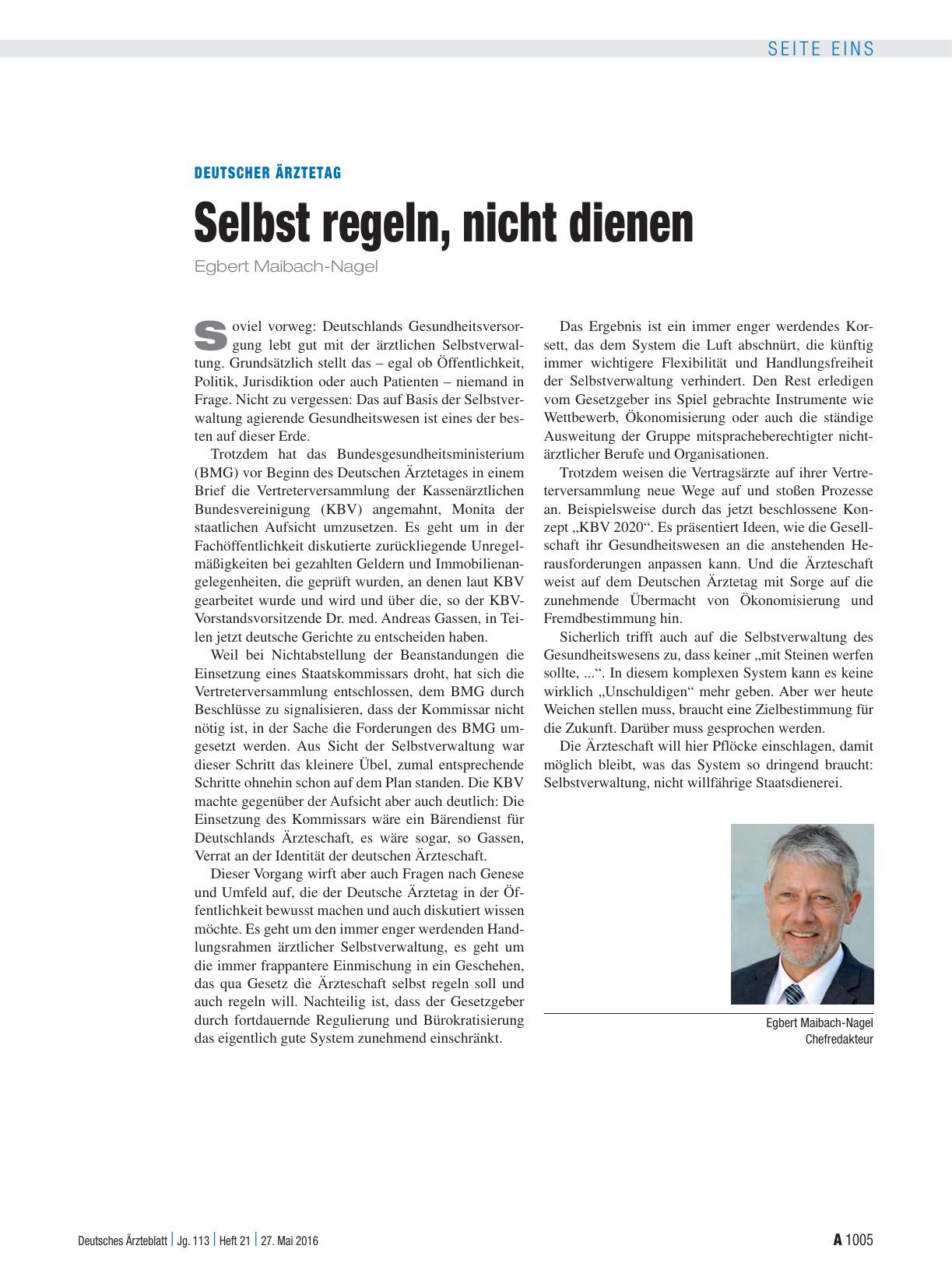 Vorschauseite 1: Deutscher Ärztetag: Selbst regeln, nicht dienen