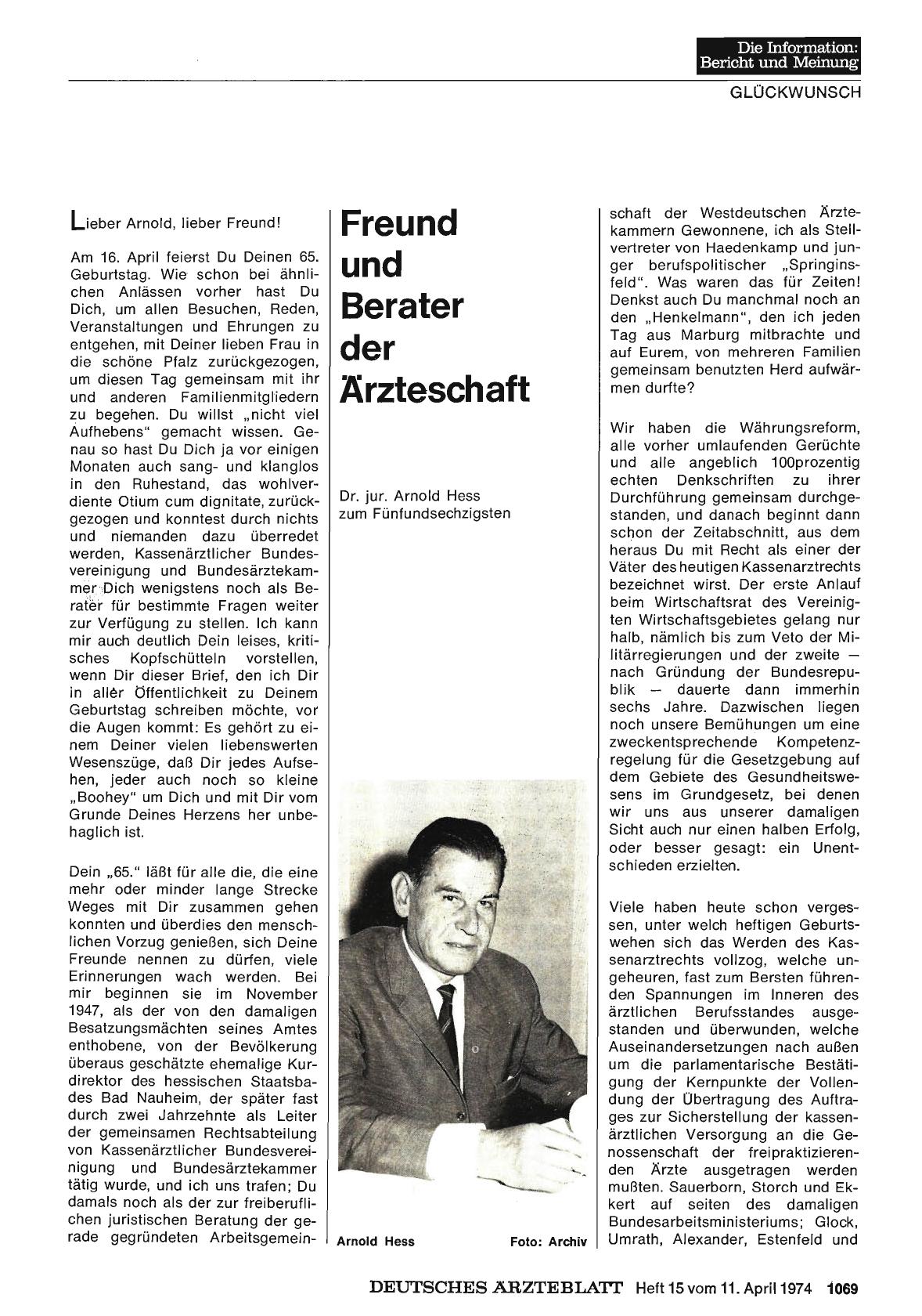 Vorschauseite 1: Freund und Berater der Ärzteschaft: Dr. jur. Arnold Hess zum Fünfundsechzigsten