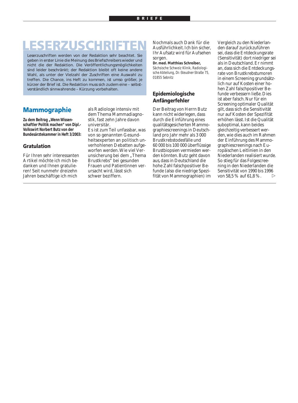Vorschauseite 1: Mammographie: Epidemiologische Anfängerfehler