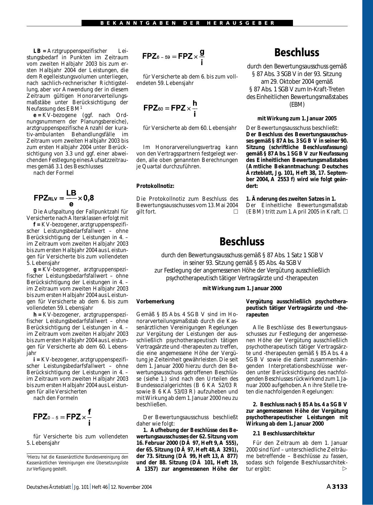 Vorschauseite 1: Beschluss durch den Bewertungsausschuss gemäß § 87 Abs. 1 Satz 1 SGB V in seiner 93. Sitzung gemäß § 85 Abs. 4a SGB V zur Festlegung der angemessenen Höhe der Vergütung ausschließ…