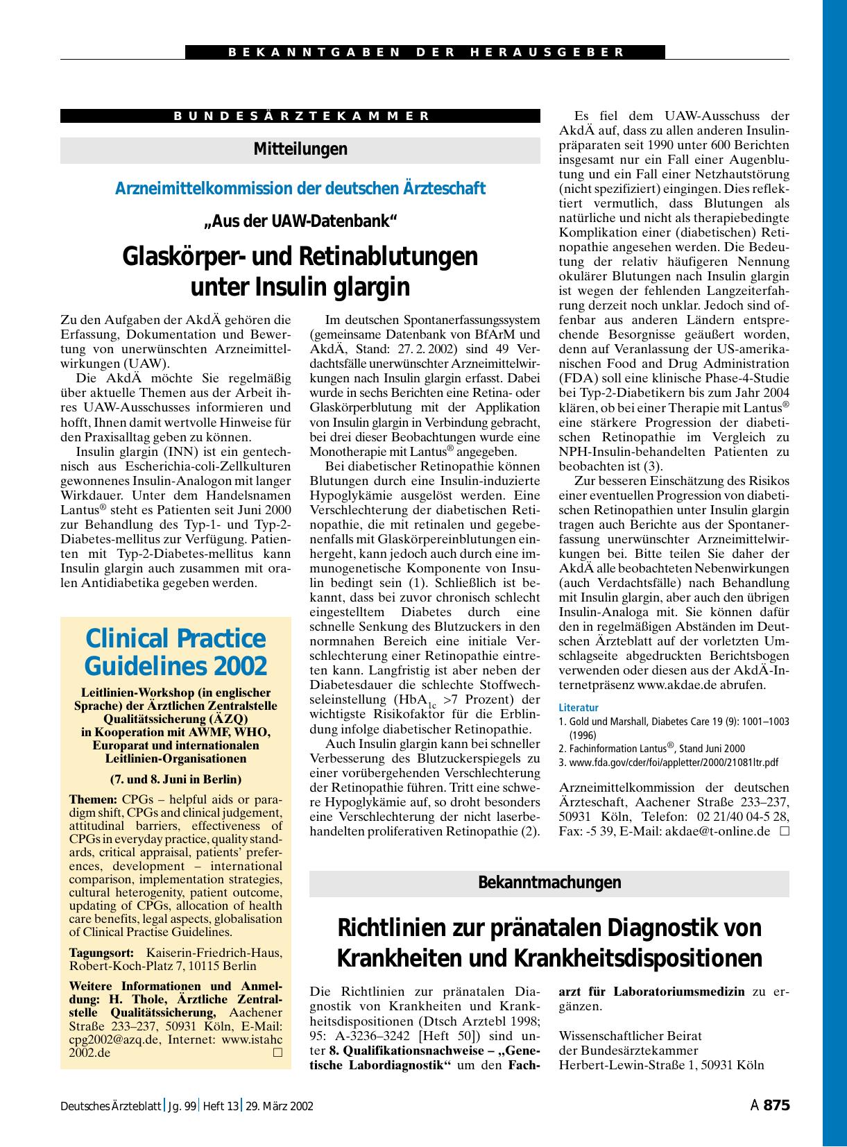 Vorschauseite 1: Bekanntmachungen: Richtlinien zur pränatalen Diagnostik von Krankheiten und Krankheitsdispositionen