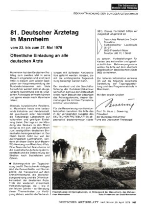 Vorschauseite 1: 81. Deutscher Ärztetag in Mannheim vom 23. bis zum 27. Mai 1978: Öffentliche Einladung an alle deutschen Ärzte