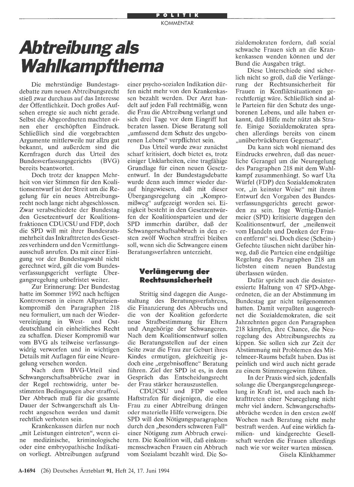 Vorschauseite 1: Abtreibung als Wahlkampfthema