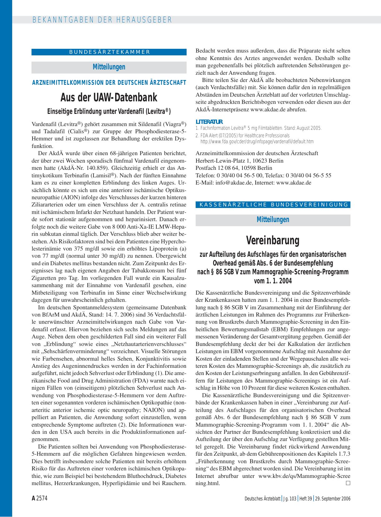 Vorschauseite 1: Mitteilungen: Vereinbarung zur Aufteilung des Aufschlages für den organisatorischen Overhead gemäß Abs. 6 der Bundesempfehlung nach § 86 SGB V zum Mammographie-Screening-Programm…