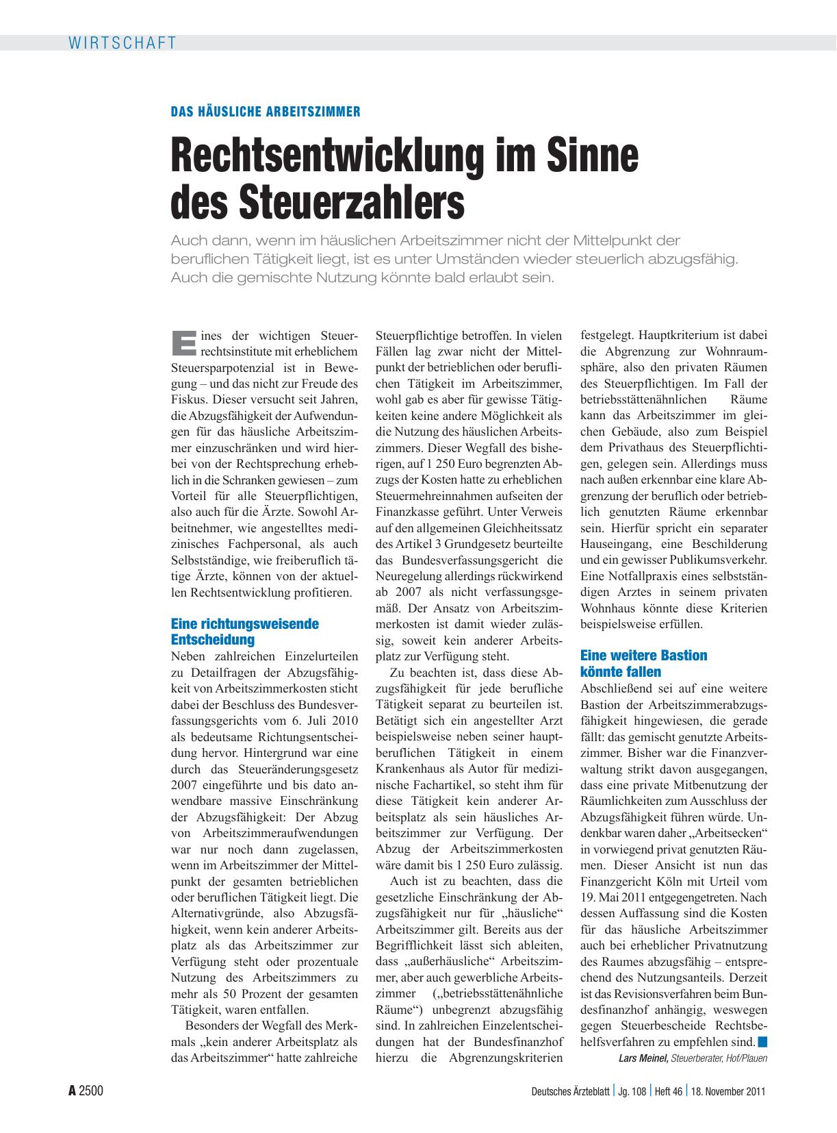 Vorschauseite 1: Das häusliche Arbeitszimmer: Rechtsentwicklung im Sinne des Steuerzahlers