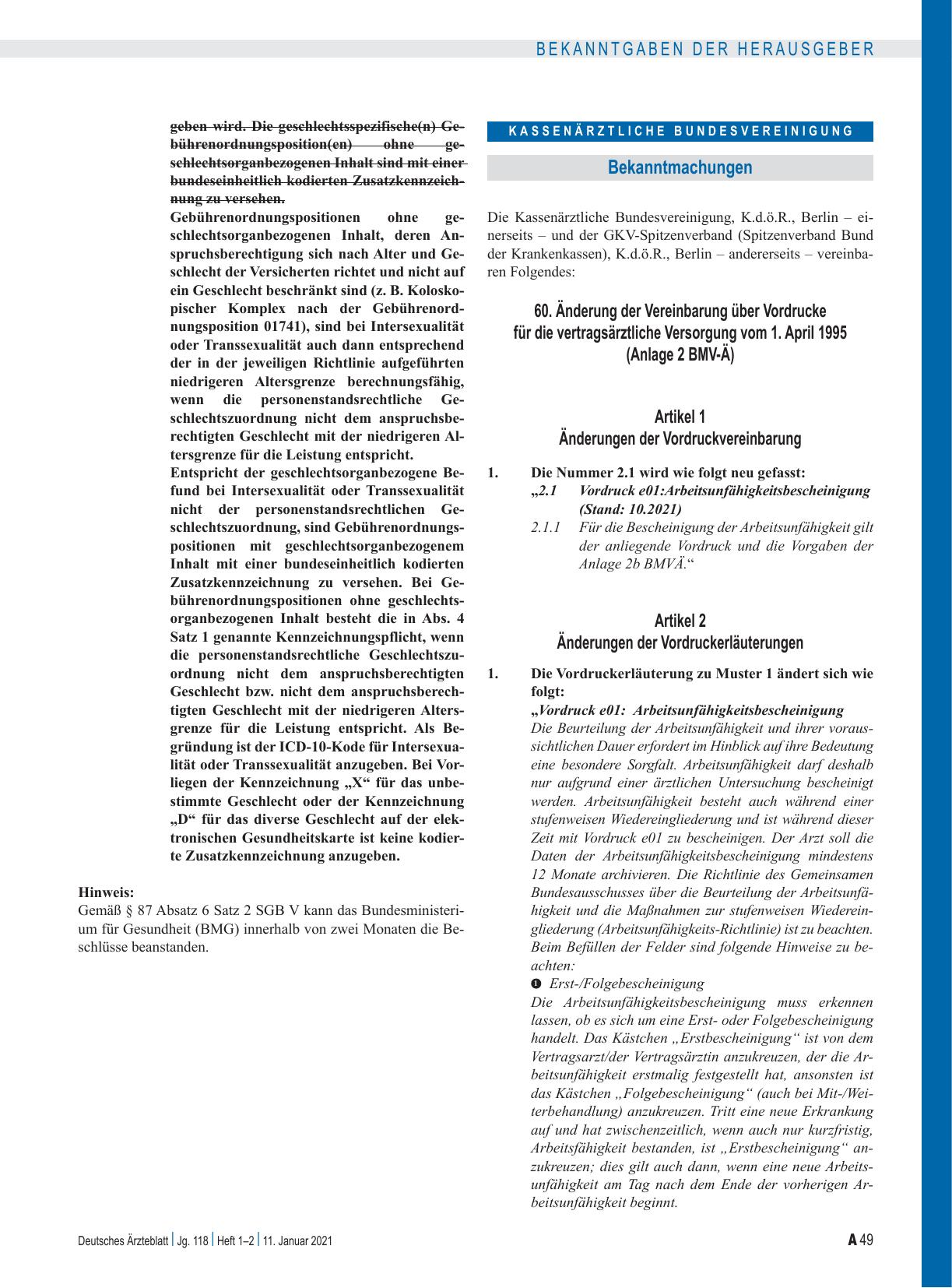 Vorschauseite 1: 60. Änderung der Vereinbarung über Vordrucke für die vertragsärztliche Versorgung vom 1. April 1995 (Anlage 2 BMV-Ä)