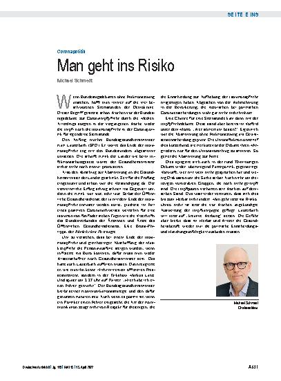 Vorschauseite 1: Coronapolitik: Man geht ins Risiko