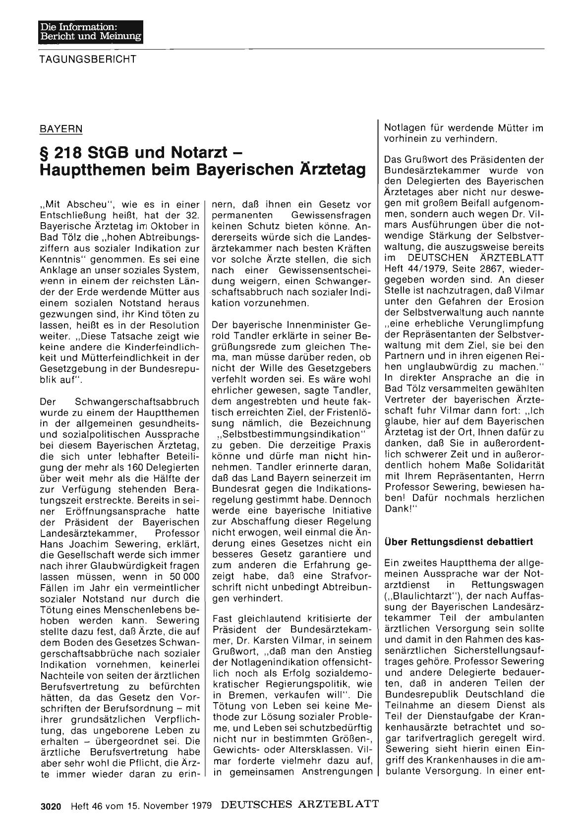 Vorschauseite 1: BAYERN: § 218 StGB und Notarzt — Hauptthemen beim Bayerischen Ärztetag