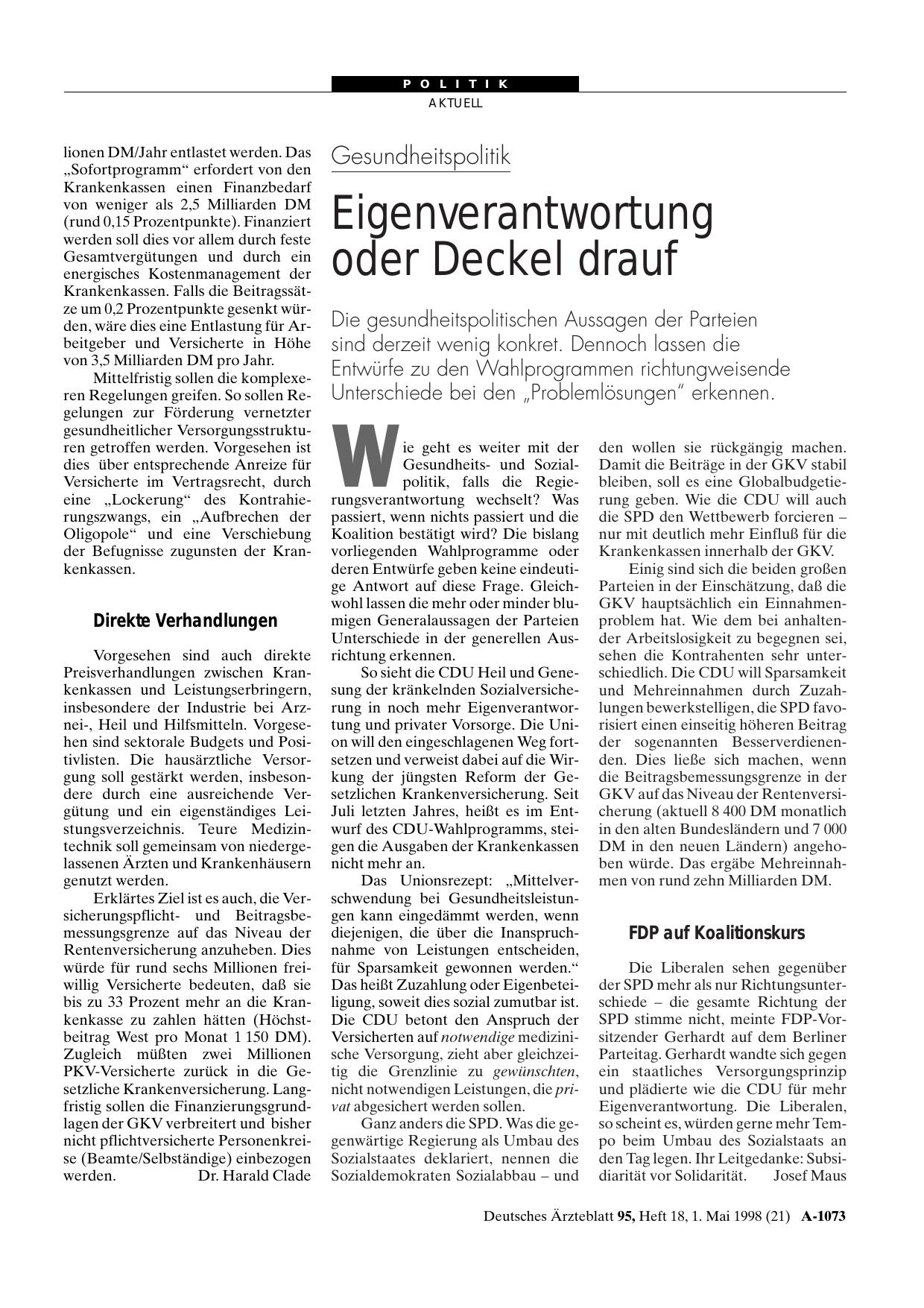 Vorschauseite 1: Gesundheitspolitik: Eigenverantwortung oder Deckel drauf