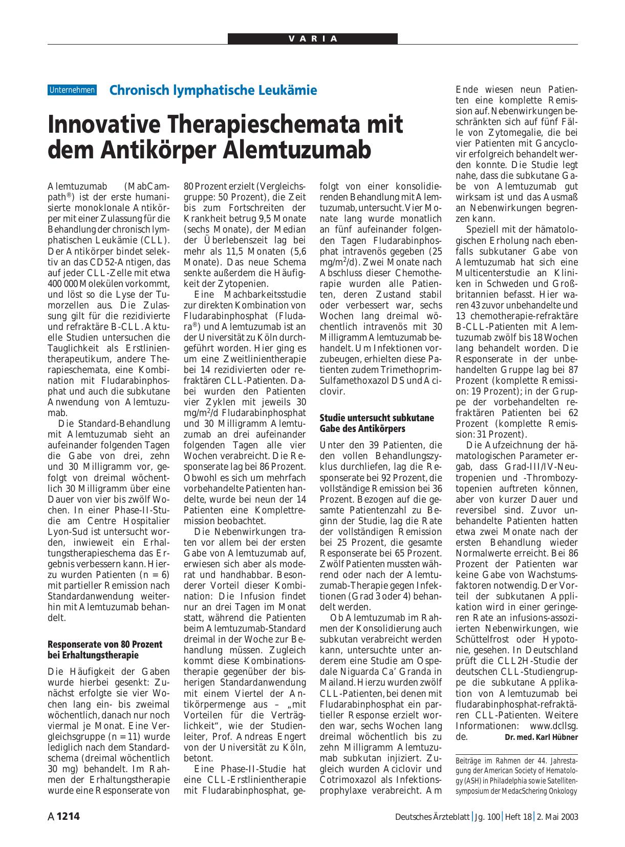 Vorschauseite 1: Chronisch lymphatische Leukämie: Innovative Therapieschemata mit dem Antikörper Alemtuzumab