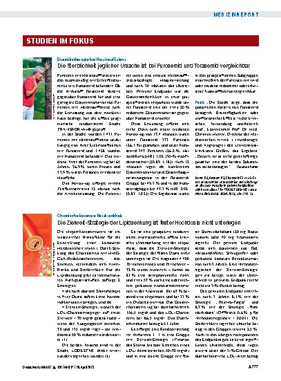 Vorschauseite 1: Diuretikatherapie bei Herzinsuffizienz: Die Sterblichkeit jeglicher Ursache ist bei Furosemid und Torasemid vergleichbar.