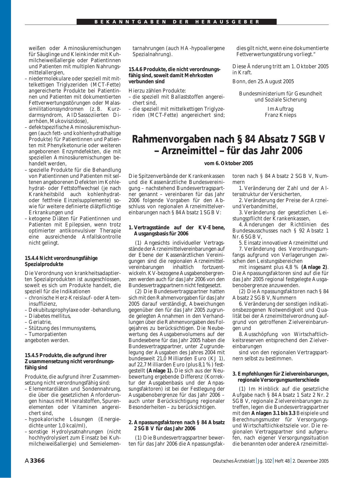 Vorschauseite 1: Rahmenvorgaben nach § 84 Absatz 7 SGB V – Arzneimittel – für das Jahr 2006 vom 6. Oktober 2005