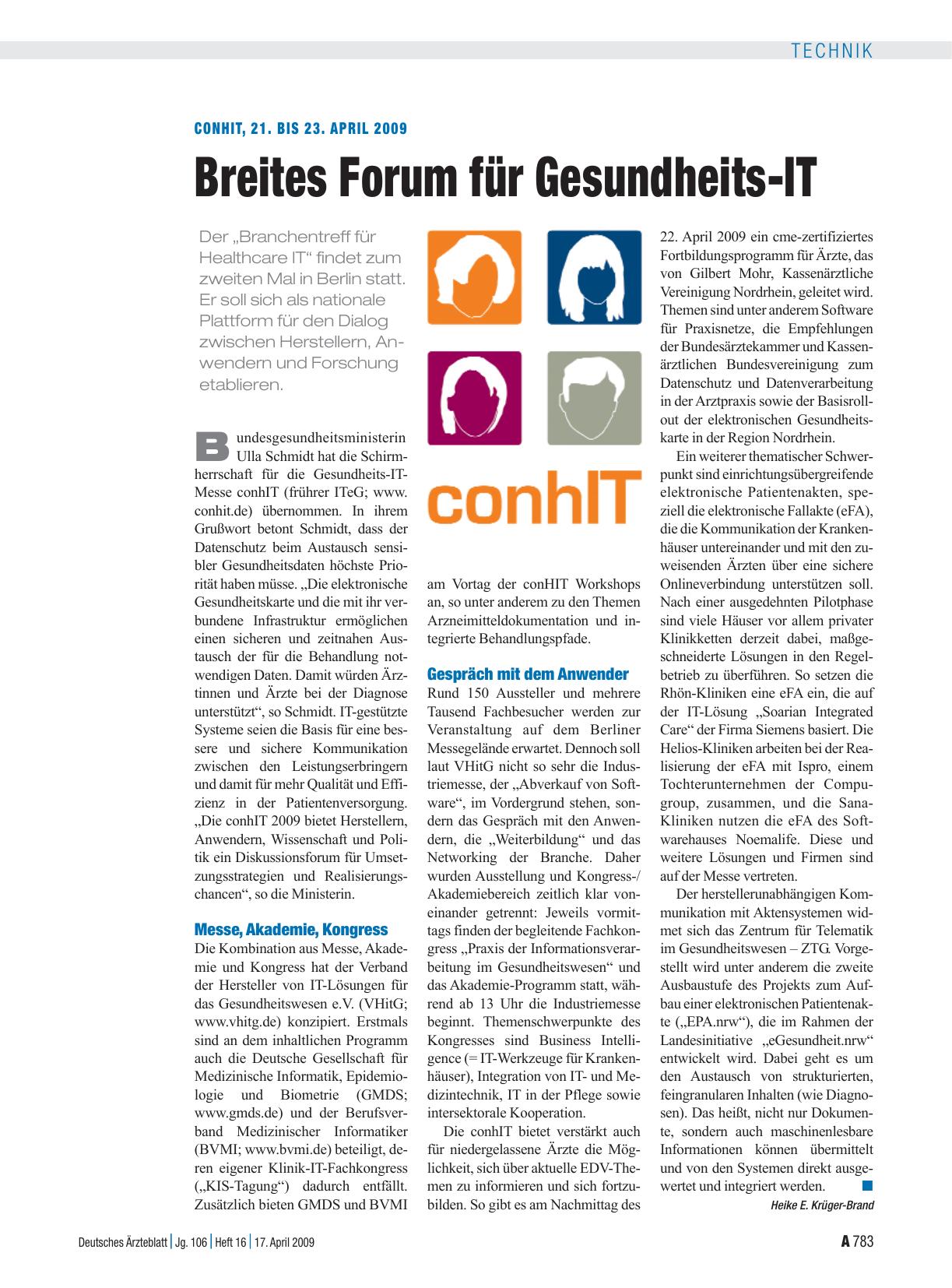 Vorschauseite 1: ConhIT, 21. bis 23. April 2009: Breites Forum für Gesundheits-IT