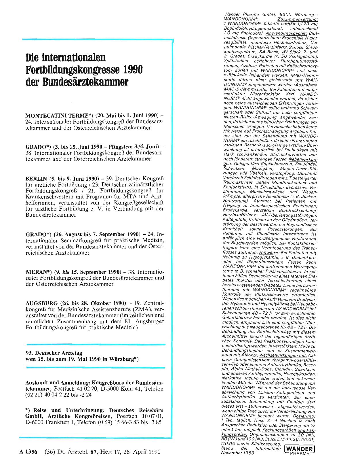 Vorschauseite 1: Die internationalen Fortbildungskongresse 1990 der Bundesärztekammer