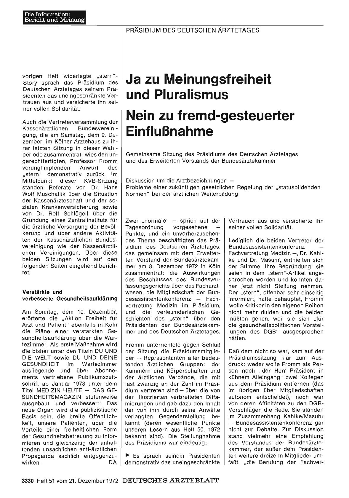 Vorschauseite 1: Ja zu Meinungsfreiheit und Pluralismus — Nein zu fremd-gesteuerter Einflußnahme