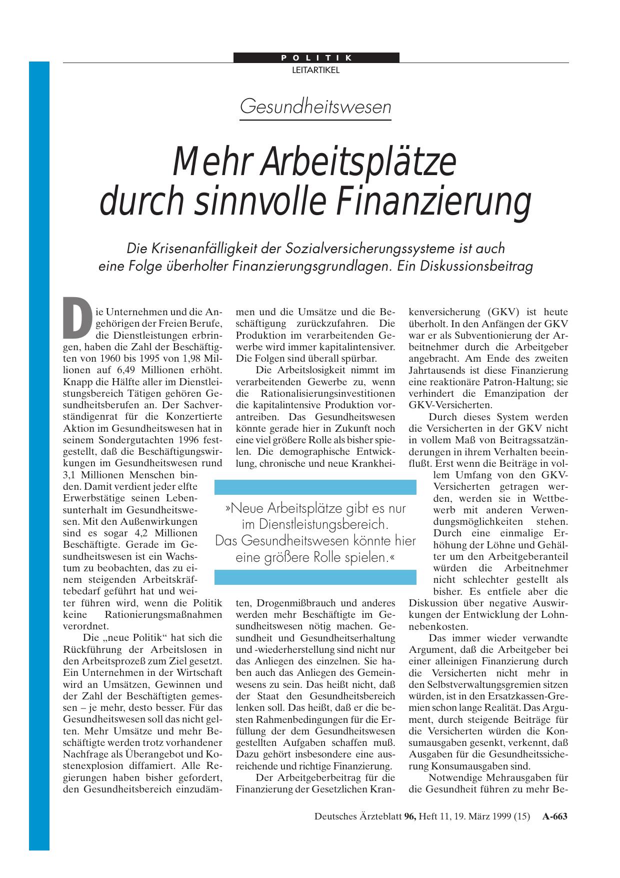 Vorschauseite 1: Gesundheitswesen: Mehr Arbeitsplätze durch sinnvolle Finanzierung