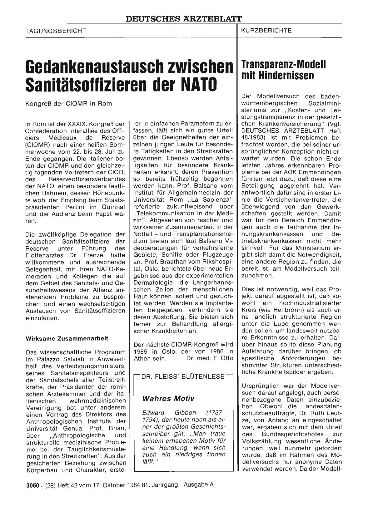 Vorschauseite 1: Gedankenaustausch zwischen Sanitätsoffizieren der NATO: Kongreß der CIOMR in Rom