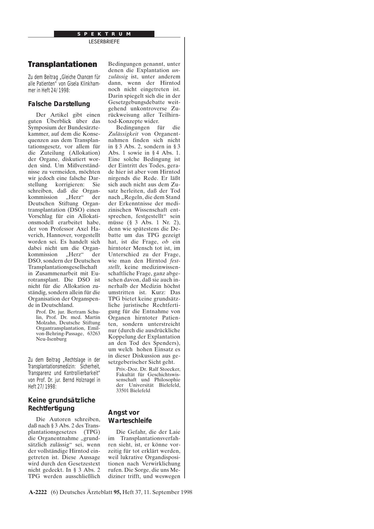 Vorschauseite 1: Transplantationen: Keine grundsätzliche Rechtfertigung