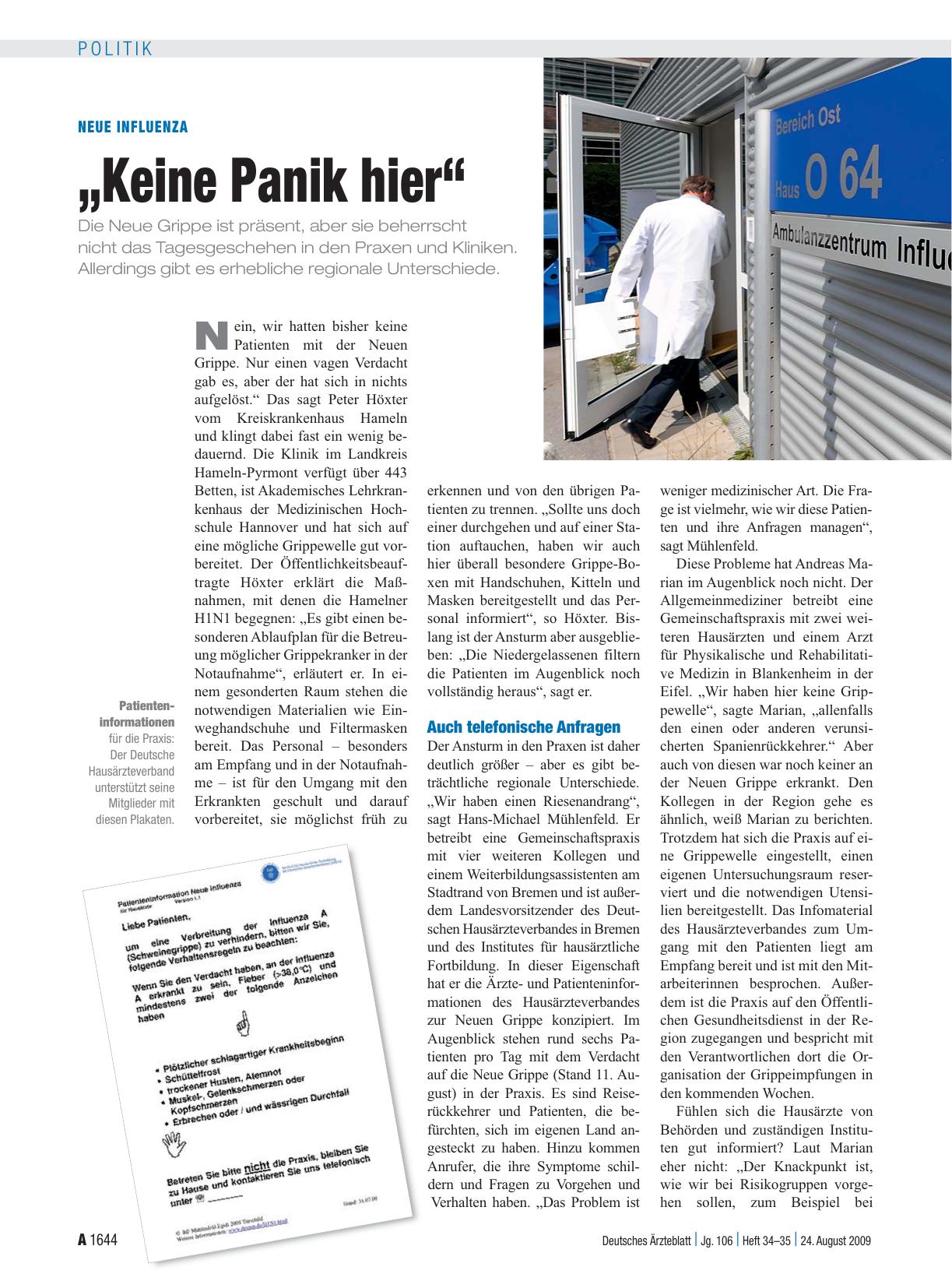 Vorschauseite 1: Neue Influenza: „Keine Panik hier“