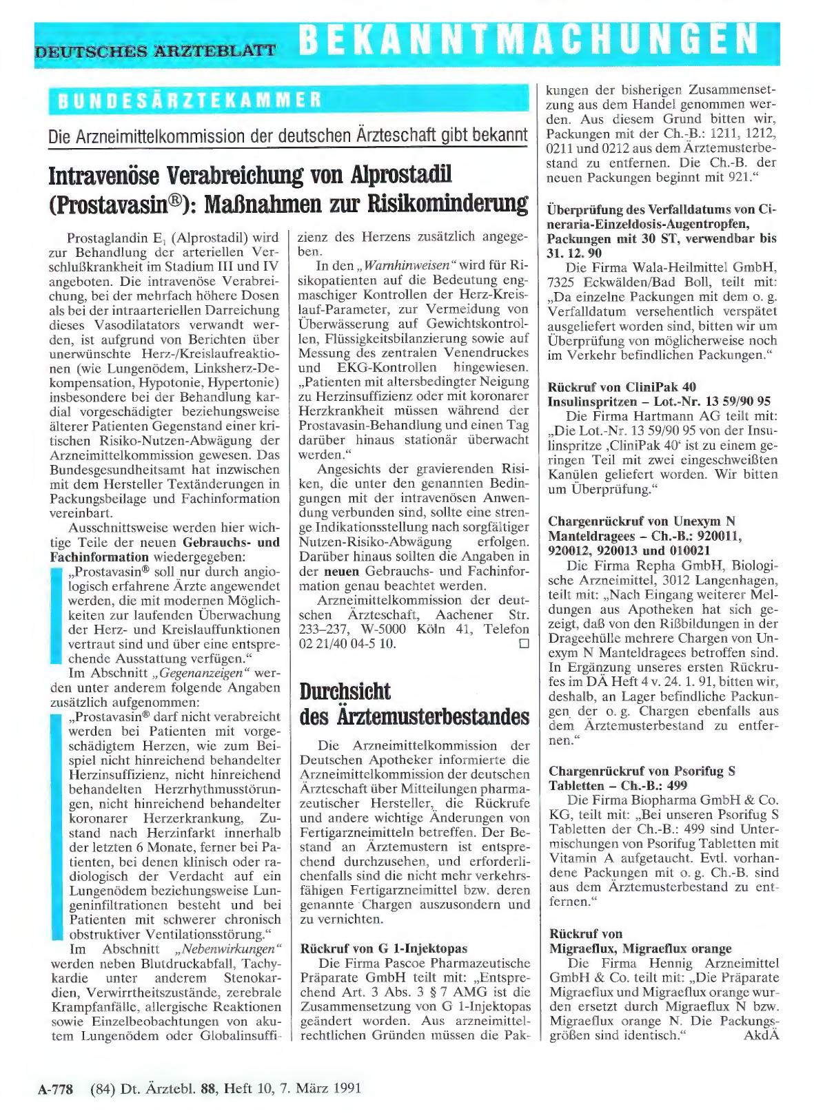 Vorschauseite 1: Die Arzneimittelkommission der deutschen Ärzteschaft gibt bekannt: Intravenöse Verabreichung von Alprostadil (Prostavasin©: Maßnahmen zur Risikominderung