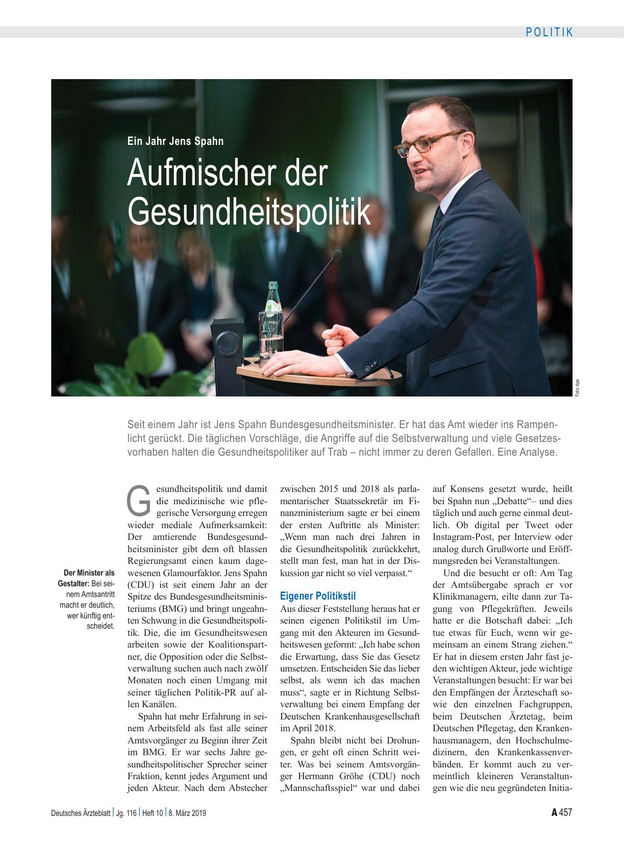 Vorschauseite 1: Ein Jahr Jens Spahn: Aufmischer der Gesundheitspolitik