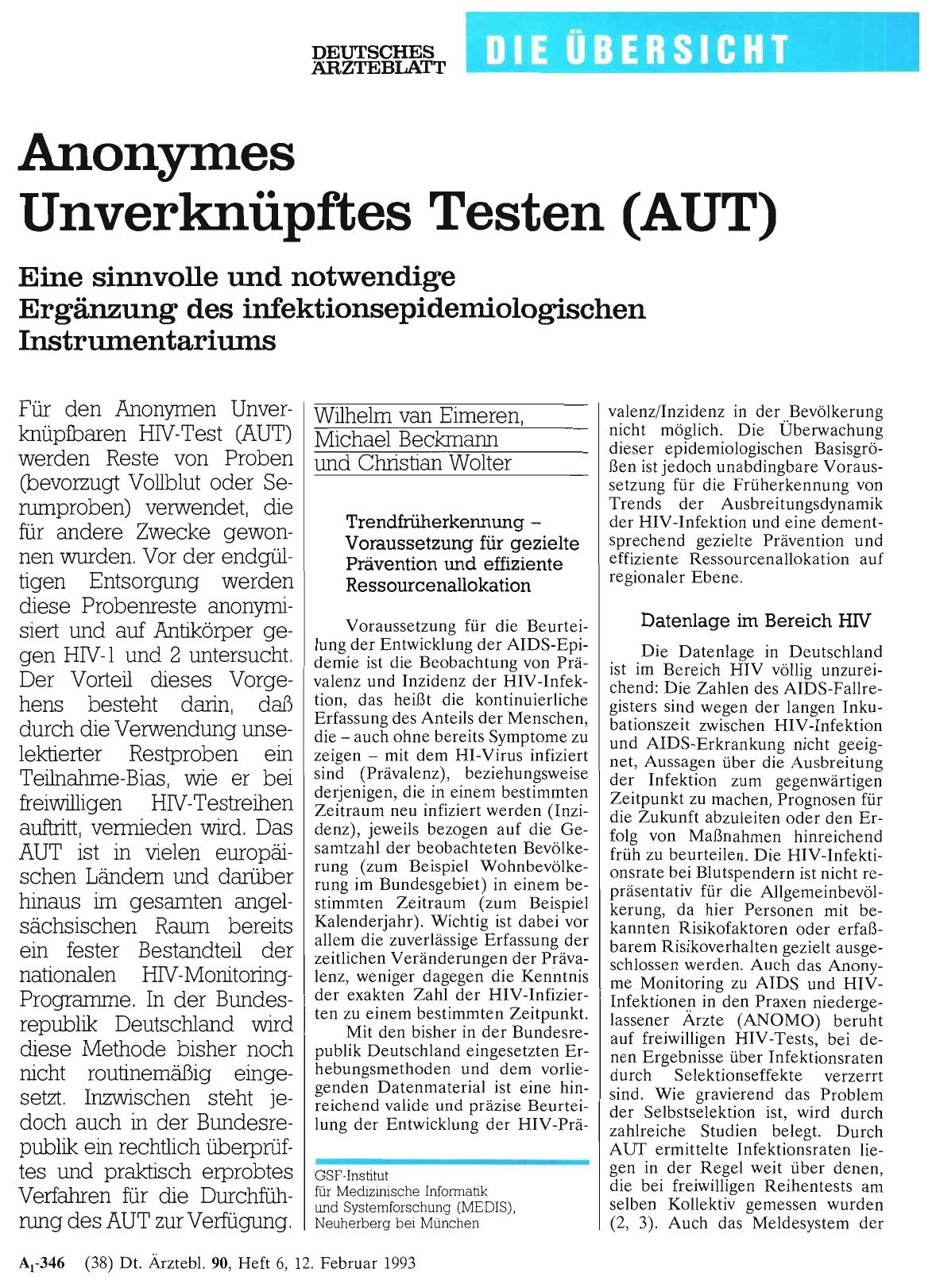 Vorschauseite 1: Anonymes Unverknüpftes Testen (AUT): Eine sinnvolle und notwendige Ergänzung des infektionsepidemiologischen Instrumentariums