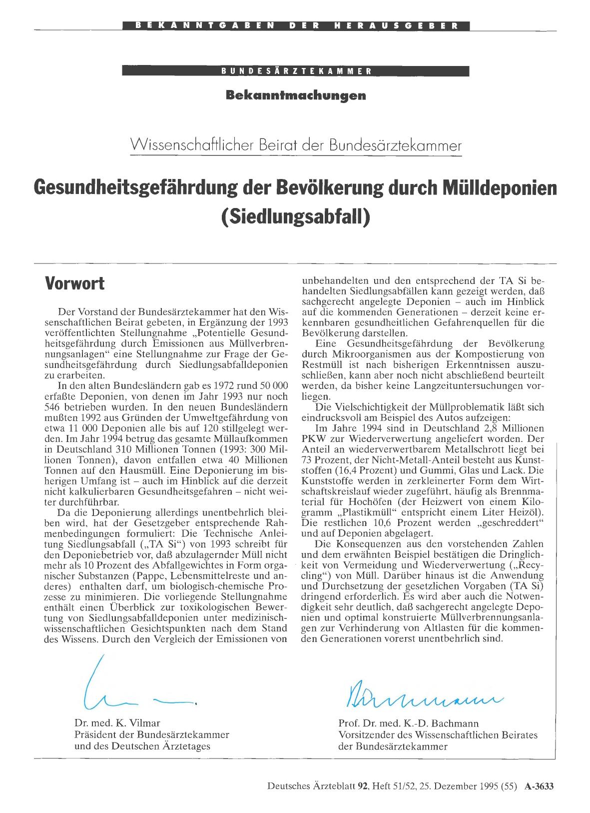 Vorschauseite 1: Bekanntmachungen: Wissenschaftlicher Beirat der Bundesärztekammer: Gesundheitsgefährdung der Bevölkerung durch Mülldeponien (Siedlungsabfall)
