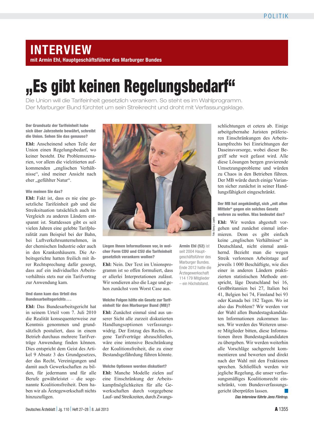 Vorschauseite 1: Interview mit Armin Ehl, Hauptgeschäftsführer des Marburger Bundes: „Es gibt keinen Regelungsbedarf“
