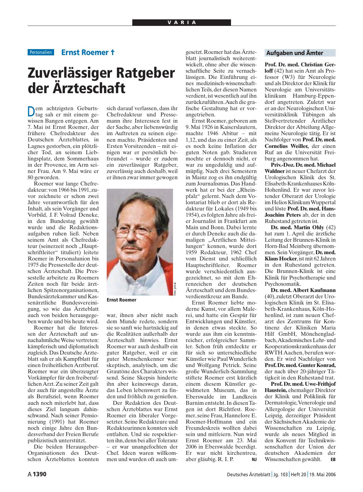 Vorschauseite 1: Ernst Roemer †: Zuverlässiger Ratgeber der Ärzteschaft