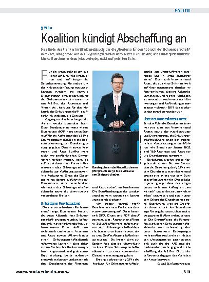 Vorschauseite 1: § 219 a: Koalition kündigt Abschaffung an