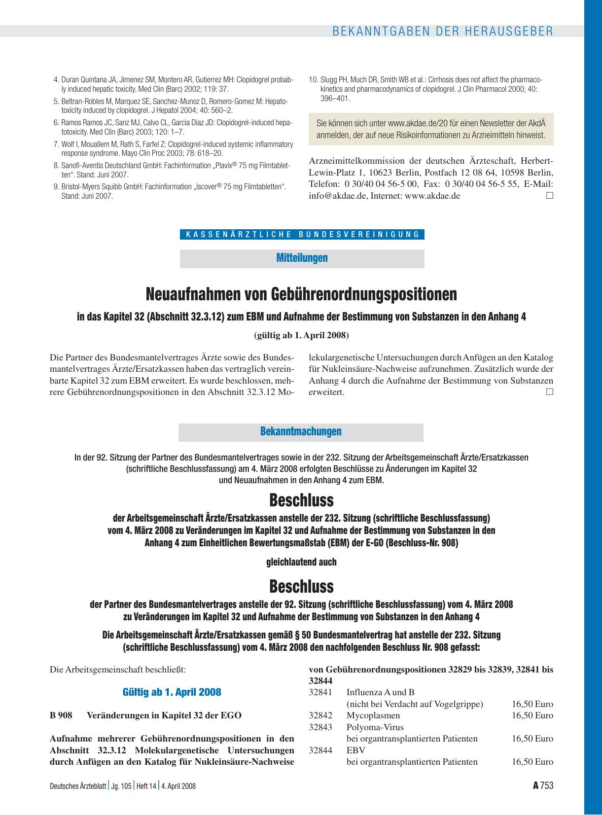 Vorschauseite 1: Beschluss der Arbeitsgemeinschaft Ärzte/Ersatzkassen anstelle der 232. Sitzung (schriftliche Beschlussfassung) vom 4. März 2008 zu Veränderungen im Kapitel 32 und Aufnahme der Bes…