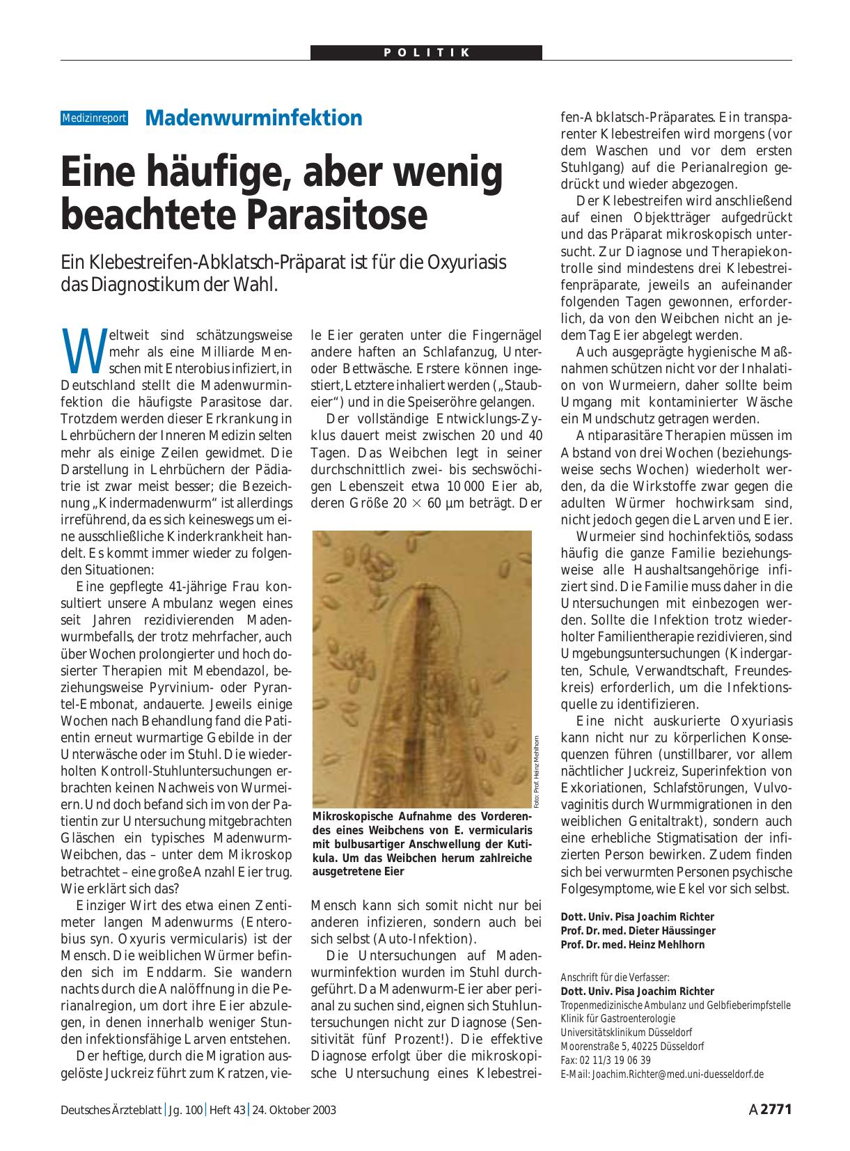 Vorschauseite 1: Madenwurminfektion: Eine häufige, aber wenig beachtete Parasitose