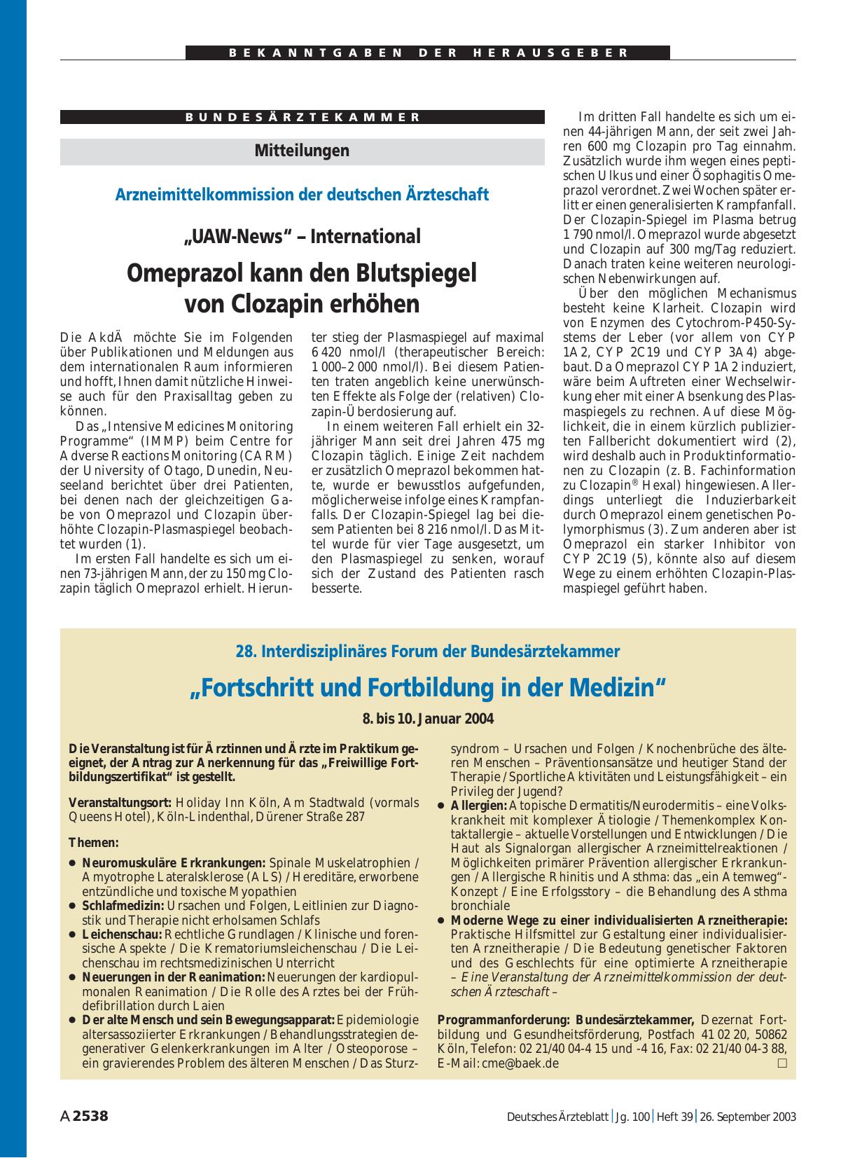 Vorschauseite 1: Mitteilungen: „UAW-News“ – International Omeprazol kann den Blutspiegel von Clozapin erhöhen