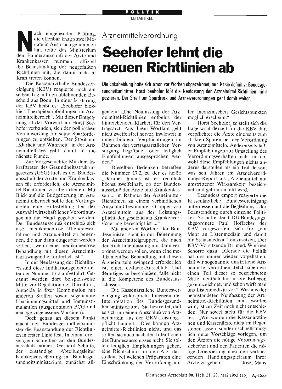 Vorschauseite 1: Arzneimittelverordnung: Seehofer lehnt die neuen Richtlinien ab