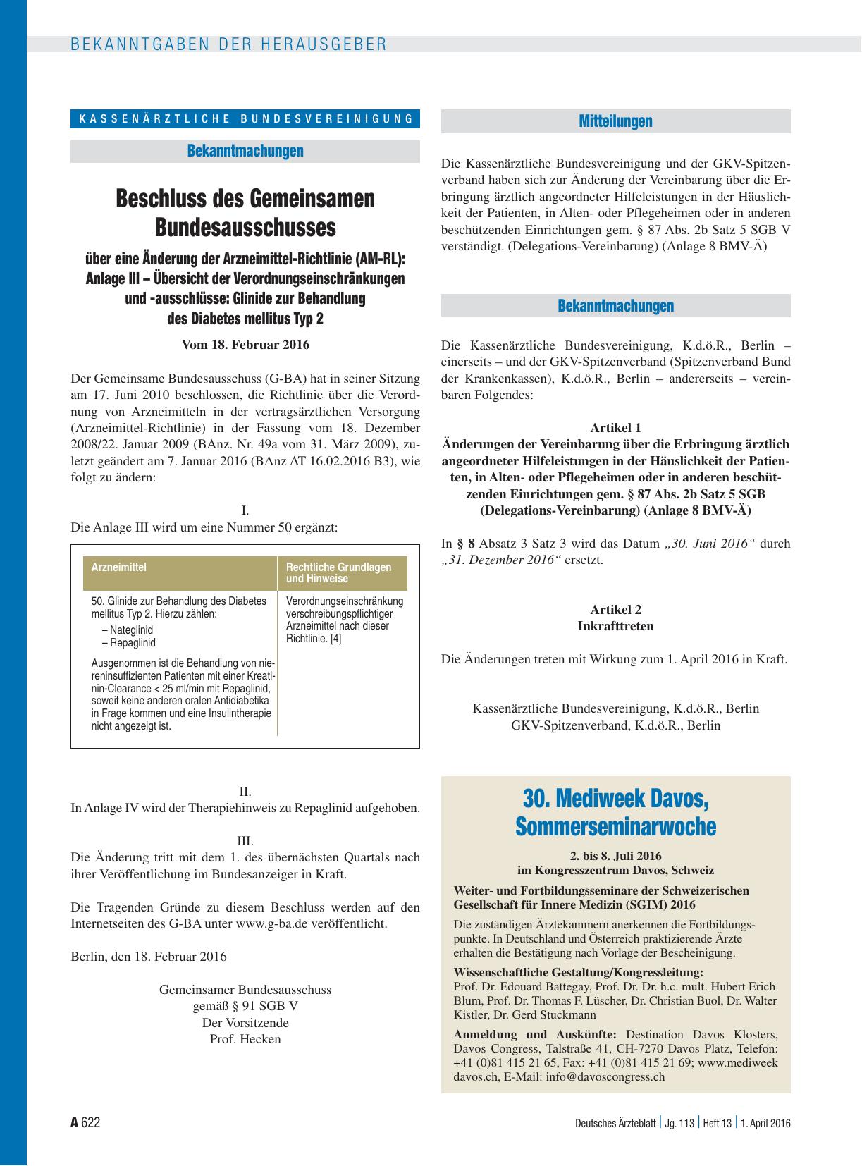 Vorschauseite 1: Beschluss des Gemeinsamen Bundesausschusses über eine Änderung der Arzneimittel-Richtlinie (AM-RL): Anlage III – Übersicht der Verordnungseinschränkungen und -ausschlüsse: Glinide…