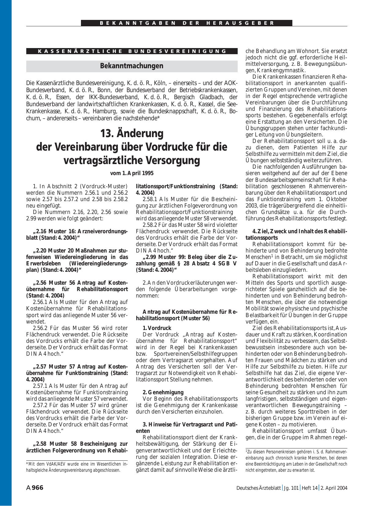 Vorschauseite 1: Bekanntmachungen: 13. Änderung der Vereinbarung über Vordrucke für die vertragsärztliche Versorgung