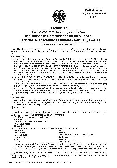 Vorschauseite 1: Richtlinien für die Wiederzulassung in Schulen und sonstigen Gemeinschaftseinrichtungen nach dem 6. Abschnitt des Bundes-Seuchengesetzes