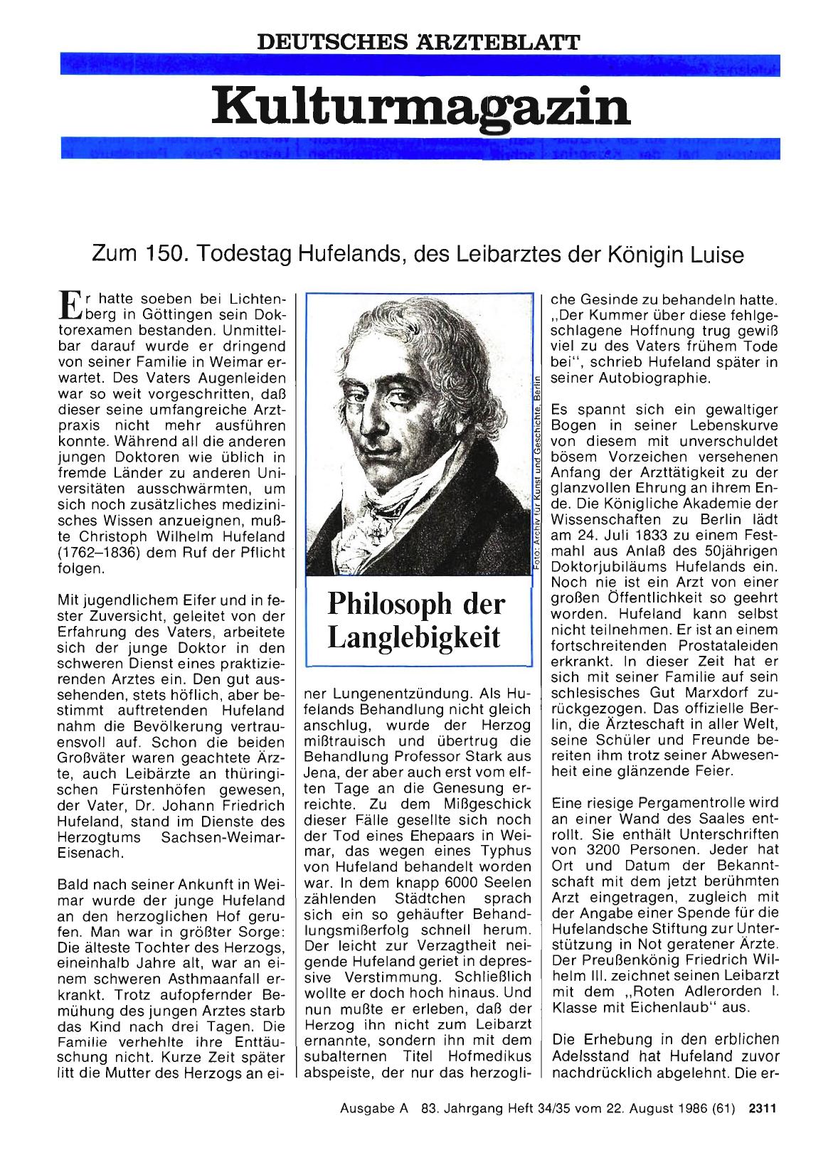 Vorschauseite 1: Zum 150. Todestag Hufelands, des Leibarztes der Königin Luise