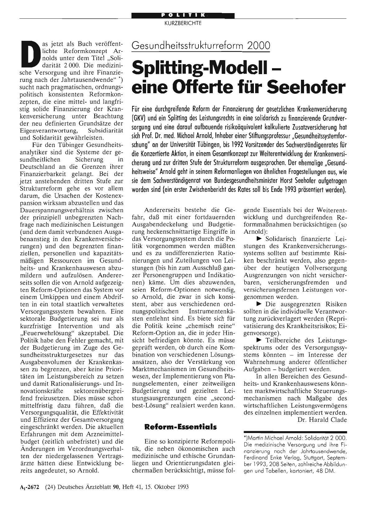 Vorschauseite 1: Gesundheitsstrukturreform 2000: Splitting-Modell - eine Offerte für Seehofer