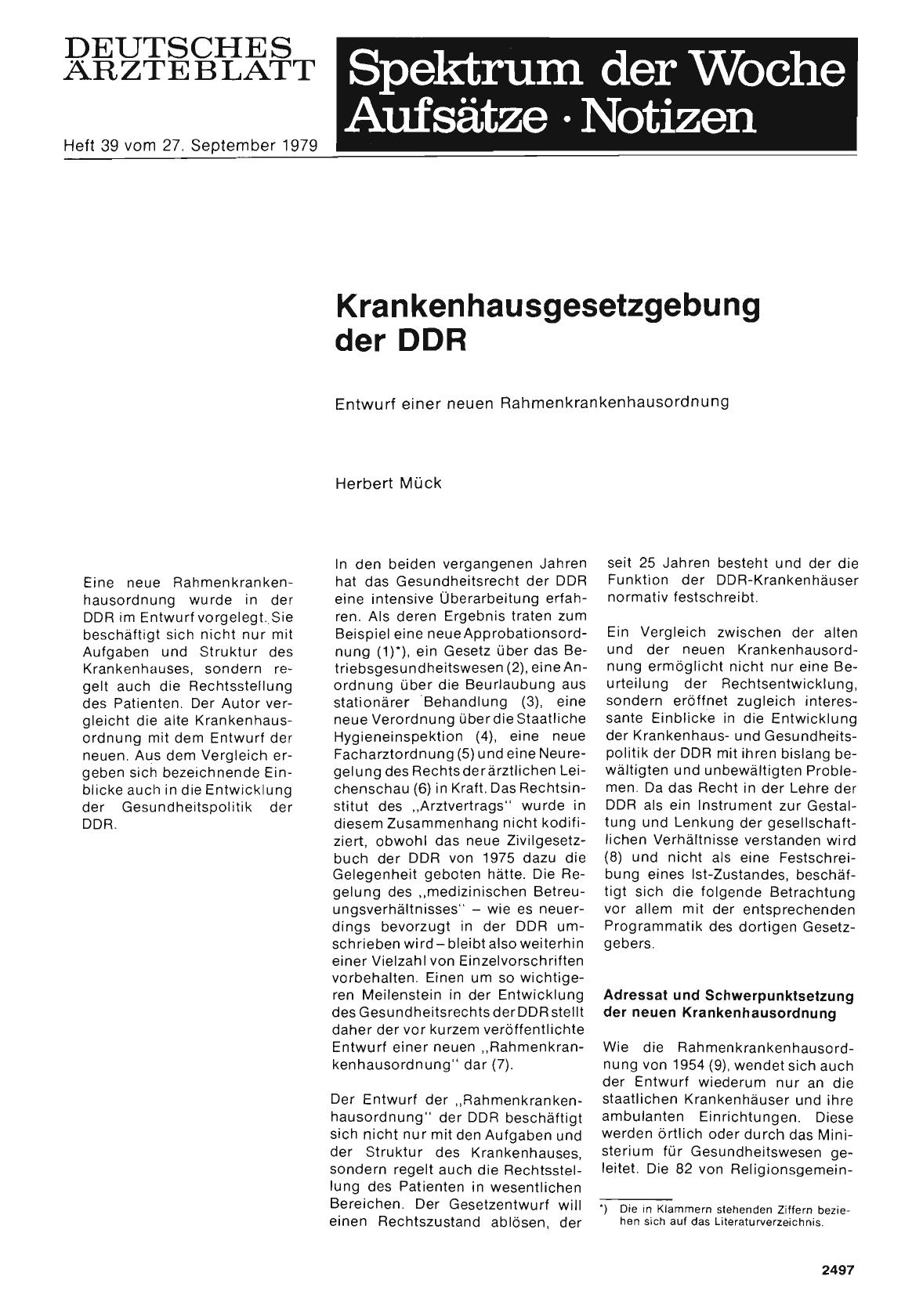 Vorschauseite 1: Krankenhausgesetzgebung der DDR: Entwurf einer neuen Rahmenkrankenhausordnung