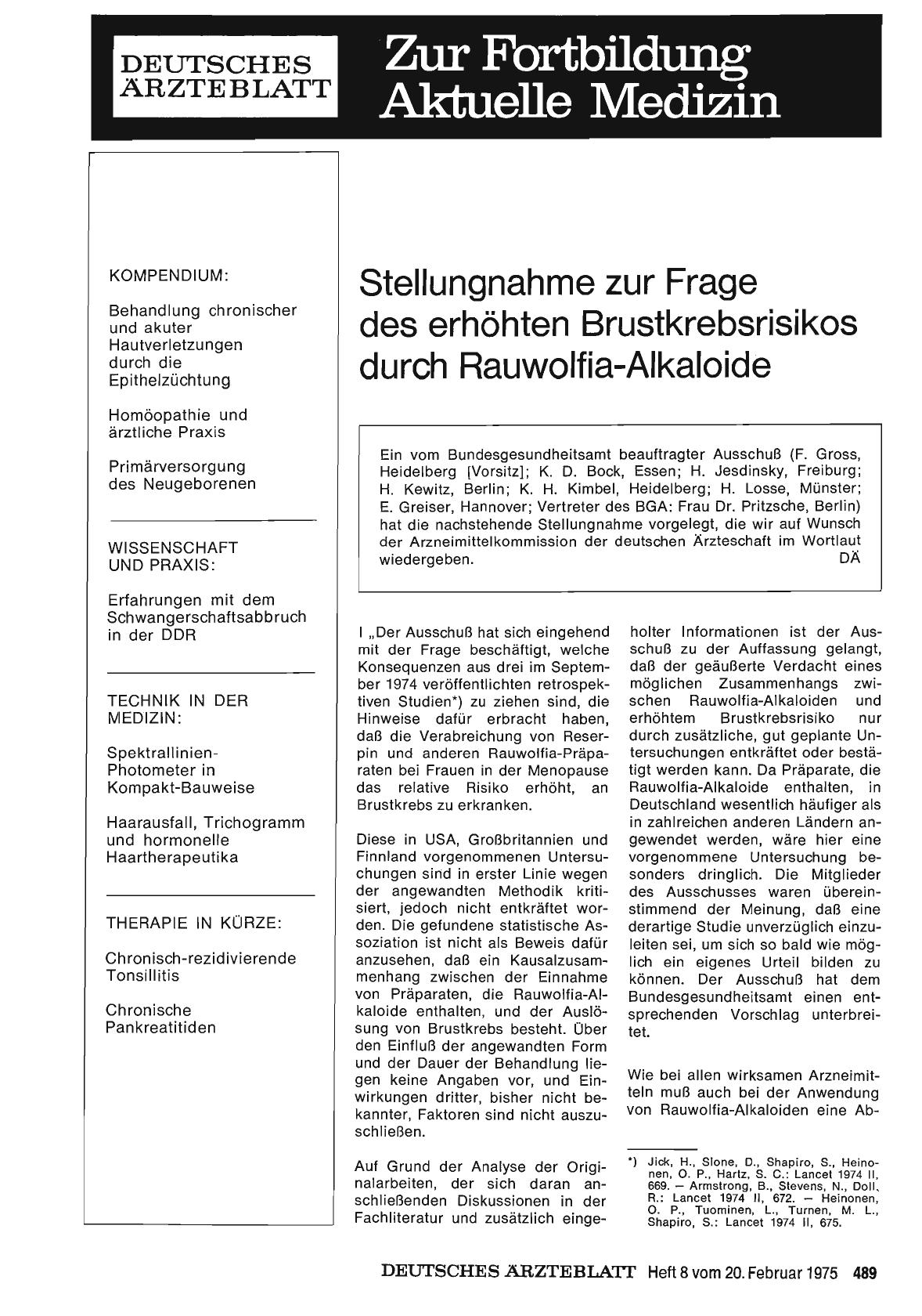 Vorschauseite 1: Stellungnahme zur Frage des erhöhten Brustkrebsrisikos durch Rauwolfia-Alkaloide